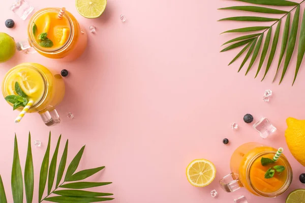 stock image Unleash the taste of summer with this top view flat lay of citrus cocktails made with oranges, lemons, limes, adorned with palm leaves on a stylish pink background with an empty space