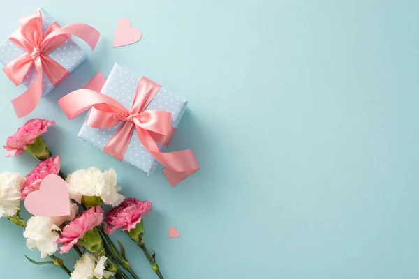 Top Flat Lay Photo Beautiful Present Boxes Pink Ribbon Carnation — Stock Photo, Image