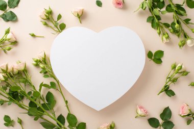 Sakin ve sofistike bir üst görünüm düz yatıyordu. Tarafsız bej bir yüzey üzerinde güzel küçük güller sergileniyordu. Terfi mesajları için de boş bir kalp vardı.