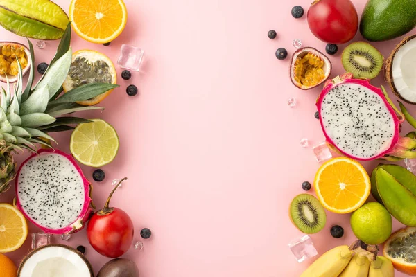 Sommerfruchtplatte Vorhanden Eine Köstliche Flache Lageansicht Exotischer Früchte Wie Drachenfrucht — Stockfoto