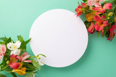 Canlı yaz konsepti. Üst görünüm düz alstroemeria pastel arkaplan düz metin veya reklam için boş bir daire ile