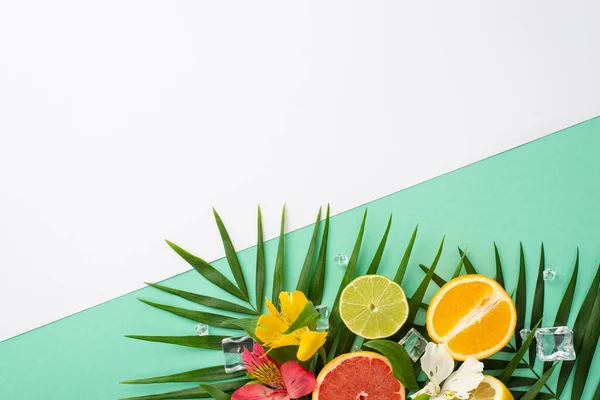 Zesty fruit party concept. Top view flat lay of alstroemeria flowers with tangy grapefruit, orange, and lime slices on white teal background with empty space for text or advert