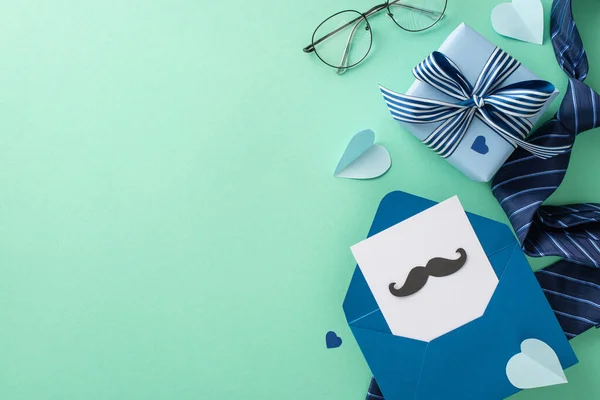 Stylishly Modern Father Day Concept Overhead Shot Postcard Mustaches Gift — Stock Photo, Image