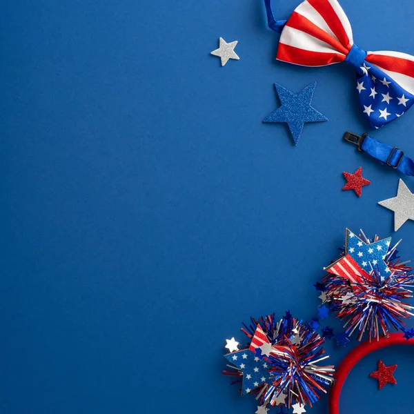 stock image Square top view of party supplies symbolizing Independence Day. Decorative glitter stars, party hairband, and bow-tie on a blue background with space for text or advert