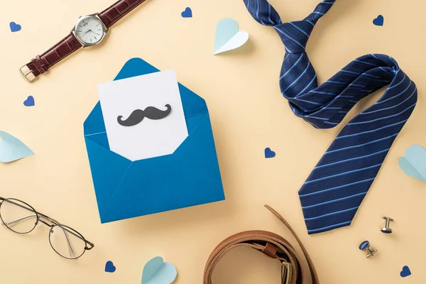 Elegant Father Day Concept Overhead View Postcard Necktie Mustaches Clock — Stock Photo, Image