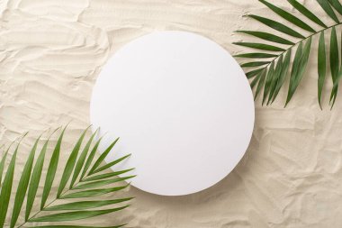 Plaj kaçamağı fikri. Kumlu arka planda yeşil palmiye yapraklarının yüksek açılı üst görünümü, metin veya reklam için boş bir daire içerir