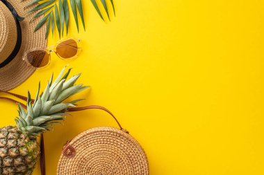 Bu büyüleyici düz manzarayla yaz rahatlığının esansını kucaklayın. Güneş şapkası, palmiye yaprakları, ananas, parlak sarı bir arkaplanda torba, terfi için boş alan.