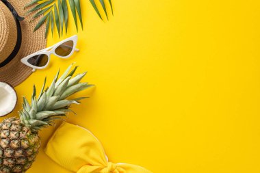 En güzel yaz kaçamağını bu düz manzarayla yaşayın. Güneş şapkası, palmiye yaprakları, bikini, hindistan cevizi ve parlak sarı arka planda bir ananas, boş alan mesaj için mükemmel bir yer sunar.