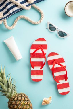 Göze çarpan bu dikey düz manzaralı yazın güzelliğinden haz almak. Bir çanta, parmak arası terlik, güneş gözlüğü, mavi bir arka planda tüp keşfedin.