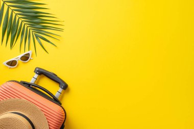 Tatil yolculuğu konsepti. Yüksek açılı fotoğraf. Üzerinde hasır şapka ve palmiye yaprakları ve güneş gözlüğü olan turuncu bavul.