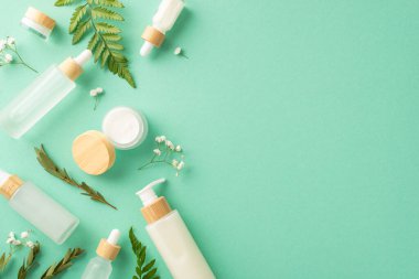 Organik kozmetik ürünleri konsepti. Yüksek açılı kozmetik kavanozların ve şişelerin fotosu, parantez ve okaliptüs yaprakları ve alkaliptüs çiçekleri ile izole edilmiş turkuaz arka planda.