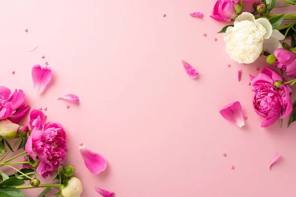 Tender bouquet concept. Above view photo of blank space with bright pink and white peony flowers,petals and buds with small confetti hearts on isolated pastel pink background with copy-space