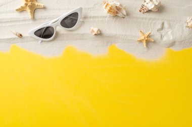 Rüya gibi kıyı gereksinimleri tepeden bakıldığında sergileniyor. Güneş gözlükleri, deniz kabukları, deniz yıldızları parlak sarı ve kumlu bir ortamda serilmiş, boş bir alanda mesaj veya tanıtım mesajları