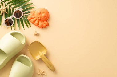 Bebekle huzurlu bir plaj tatili. Üst görünüm oyuncakları, kumdan kale aksesuarları, gölgeler, rahat terlikler, kabuk, deniz yıldızı, palmiye yaprağı, sakinleştirici bej yüzey. Metin ya da reklam için harika