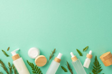 Bitkisel doğal kozmetik konsepti. Geri dönüşümlü kozmetik kapların ve izole edilmiş turkuaz zemin üzerinde brakken ve okaliptüs yapraklarının üst görünüm fotoğrafı