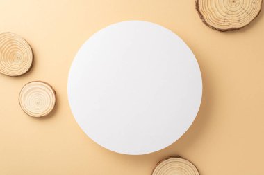 Basit ahşap tasarım konsepti. İzole edilmiş bej arkaplan ve fotokopi alanı olan yuvarlak ahşap plakalarla çevrili boş beyaz çemberin üst görünüm fotoğrafı