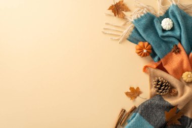 Sonbaharın cazibesini bu davetkar düzenekle yakalayın: yumuşak ekose, küçük balkabakları, sarı akçaağaç yaprakları, çam kozalakları, tarçın çubukları, pastel bej arka planda anason içeren üst görünüm. İleti ve reklamlar için mükemmel