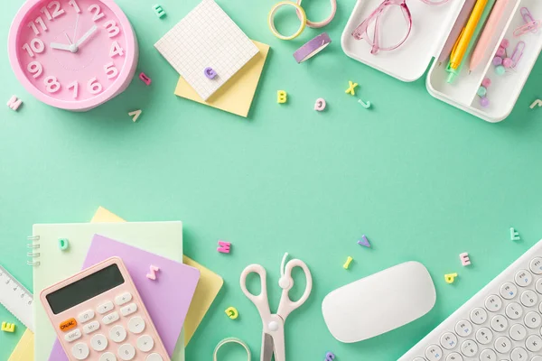 stock image Embrace back-to-school spirit with eye-catching composition. From top view, explore world of girly copybooks, note paper, clock, pc mouse, alphabet letters. Teal backdrop, inviting advert placement