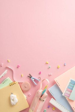 Öğrenmek için mükemmel bir ortam. Okul malzemelerinin dikey aşağı bakımı, mesela fotokopi kitapları, kalem kutusu, alfabe harfleri ve daha fazlası yumuşak pembe arka planda. Okula dönüş iletileriniz için boş alanı özelleştirin