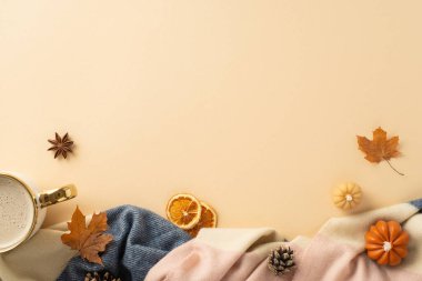 Sonbahar mevsiminde ısınma hissini yaşayın. Sıcak, yamalı bir ekose ve bir fincan sıcak kakao içeceği ve bu yüksek açılı bej renkli arka planda sonbahar dekoru ile fotokopi alanı ile.