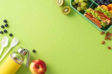 Beslenme çantasının ağzına kadar ağzına kadar dolu sandviçler, besleyici meyveler, sebzeler ve açık yeşil bir zemin üzerinde açık yeşil bir su şişesi ile doldurulmuş yemek kabı ile açlık kıvılcımı. Mesaj veya reklam için mükemmel.