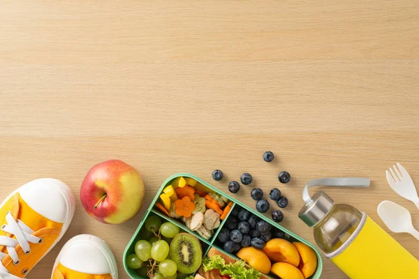 Aménagement Boîtes Lunch Nutritives Milieu Scolaire Vue Dessus Récipient Plastique — Photo