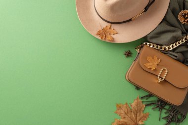 Sonbahar temalı klasik kadın kıyafeti konsepti. Geniş kenarlı keçeli şapka, zarif gri eşarp, bej çanta, sonbahar akçaağaç yaprakları, yıldız anason, yeşil arkaplan üzerinde çam kozalağı yazı veya reklam için alan