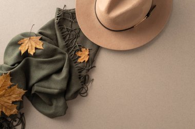 Güz sezonu için gardırobunuzu modaya uygun ve rahat kıyafetlerle değiştirin: şık, yumuşak bir eşarp ve rahat kahverengi keçeli şapka. Gri arkaplanda üst görünüm resmi, metin veya reklamlar için mükemmel