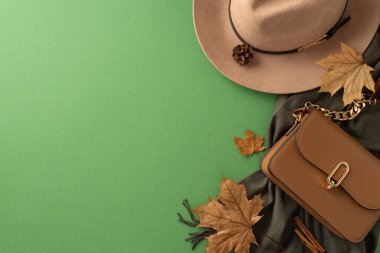 Çok yönlü sonbahar aksesuarları. Üstteki görüntü şık bir fötr şapka, rahat bir eşarp ve koyu yeşil bir fonda şık bir el çantası gösteriyor. Günlük tarzın tanıtımı için ideal..