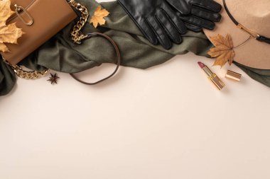 Sonbahar modanızı şık ve sıcak esanslarla yükseltin: çanta, modaya uygun keçeli şapka, siyah eldiven ve eşarp ve güneş gözlüğü. İzole edilmiş beyaz arkaplan üzerindeki en üst görüntü, metin veya reklam için telif alanı