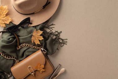 Bu sonbahar modaya uygun kıyafetlerle şık ve rahat kalın: şık el çantası, modaya uygun keçeli şapka, siyah atkı ve güneş gözlüğü. Gri izole arkaplandaki en üst görünüm fotoğrafı metin veya reklam için boşluk ile