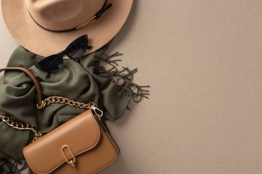 Sonbahar sezonu modaya uygun ve sıcak giysi gereksinimleri: şık bir çanta, rahat bir keçeli şapka, eşarp ve güneş gözlüğü. Gri izole edilmiş bir arkaplan karşısında üst görünüm, metin veya tanıtım iletileri için mükemmel