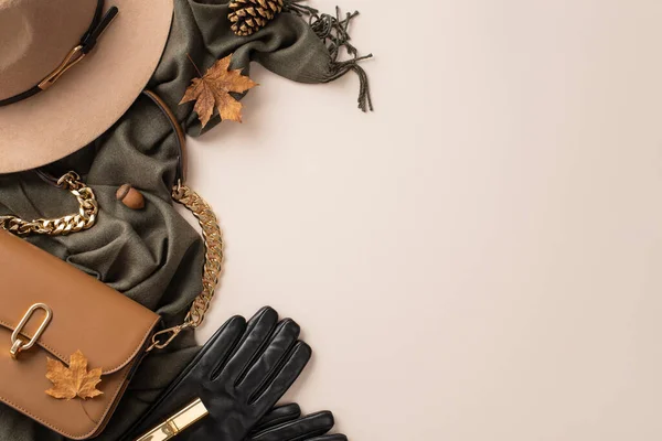 Осенняя Мода Самое Необходимое Вид Сверху Войлочную Шляпу Перчатки Элегантный — стоковое фото