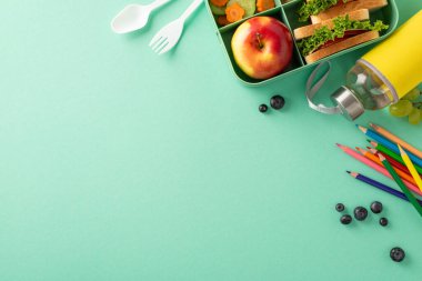 Dengeli okul yemeği düzenlemesi. Sürdürülebilir beslenme çantasının üst görünümü elma, böğürtlen, sandviç, su dolu cam şişe, çatal bıçaklar ve yazılar için boş alan ile donuk arkaplan üzerindeki renkli kalemler