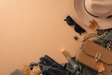 Sonbahar esinlenilmiş şık kadın giyimi konsepti. Geniş kenarlı şapka, eldivenler, şık kedi gözü gözlükleri, eşarp, omuz çantası, parfüm, tarafsız arkaplanda mesaj veya reklam için boşluk olan yapraklar.