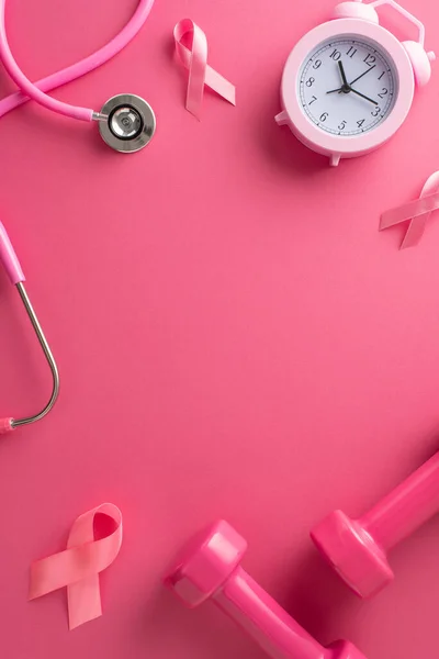 Breast cancer prevention tools display. Vertical top view showcasing pink ribbons, stethoscope, dumbbells, alarm clock on pink surface. Empty frame suitable for medical advertisements