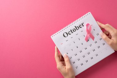 Meme kanseri farkındalığı ayı savunucusu. Kadınların ellerinin pembe izole bir alanda bir takvim ve pembe bir kurdele sallarken kuş bakışı görüntüsü, metin ya da promosyonlar için kopyalanmış alan