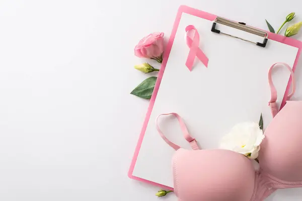 Promoting Breast Cancer Awareness Month. Top-down view of female hands embracing a clipboard and a pink ribbon, bra on a white isolated background. Copyspace available for messaging or marketing