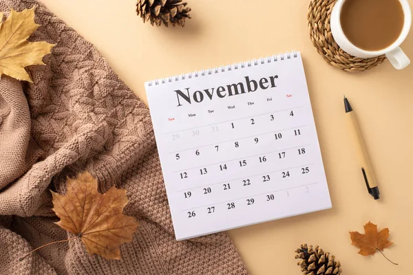 Autumn workspace idea: Top view of seasonal elements like pine cones, maple leaves, cozy knitted throw, hot cocoa, pen, and calendar on pastel beige. Ad copy fits perfectly