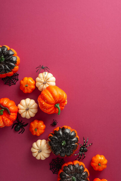 Вызывай флюиды Хэллоуина. Вертикальный вид сверху на тематическое расположение: тыквы, жуткие пауки, паутина на малиновом фоне. Пространство для текста или рекламы