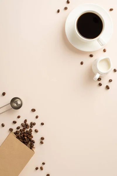 Coffee Creations Unveiled: Overhead vertical shot of coffee beans in paper bag, espresso cup, cream jar, and barista\'s spoon on a pastel beige backdrop, ready for your text