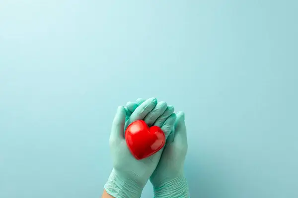 Conceptualizing Heart Health Protection. High-angle photo revealing medical-gloved hands cradling a heart against light blue isolated backdrop copyspace for incorporating text or advertising elements