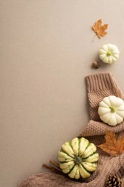 Immerse in autumn aesthetic as brown knitted sweater, pattypans, acorn, cinnamon sticks, leaves, pine cone grace a pastel greyish beige surface, offering space for text or ads from vertical top view
