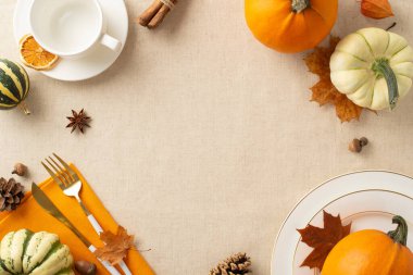 Kırsal tatil masası kurulumu: Üst manzara tabakları, bardak, peçete ve çatal bıçaklar, kabaklar, kurutulmuş portakal dilimleri, meşe palamutları ve tarçın çubuklarıyla tamamlanmış. Metnin ya da ilanın için boş boşluk