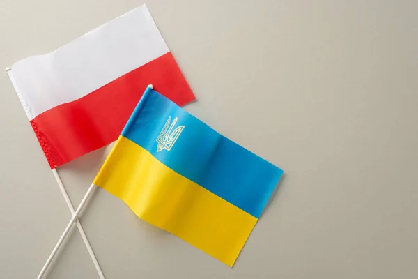 Bridging borders: A top view visual representation of Ukraine and Poland\'s partnership, showcasing their national flags on a soft grey canvas