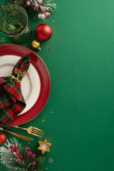 Inspire a festive dining experience: vertical top view of table setting with plates, golden cutlery, checkered napkin with trendy ring, wine glass, baubles, confetti, frosted fir, mistletoe on green
