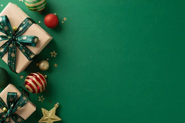 Unleash the holiday spirit with this top view composition showcasing DIY paper gift boxes, premium baubles, glittering star ornament, and gold confetti against green background