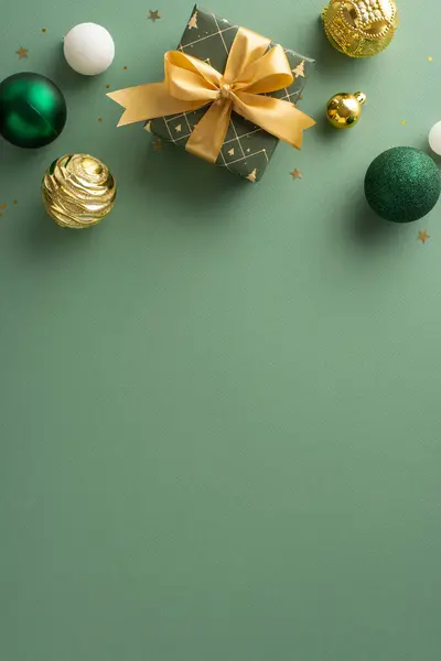 Upscale Yuletide setting. Overhead vertical capture of gift wrapped with ribbon, luxurious baubles, gold sequins arranged on mint green backdrop, leaving space for personalized wishes or adverts