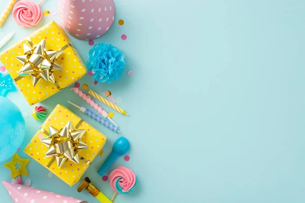 Lively party inspiration theme. Flat lay top view image featuring celebratory props, lollipops, gift boxes, party hats, blower, candles, confetti against light blue background, leaving space for text