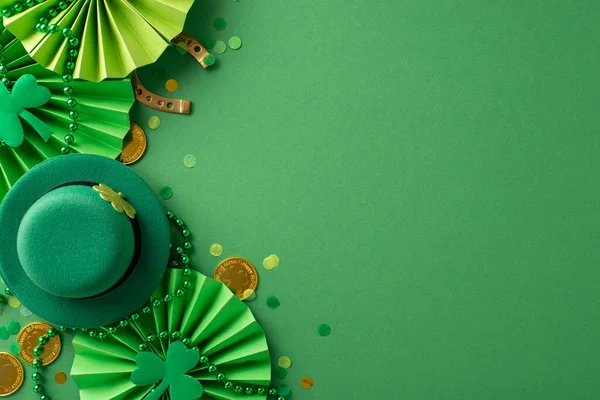 Vibrant Saint Patrick\'s Day setup: top view leprechaun\'s hat, lucky horseshoe, coins, animated fans, shamrocks, confetti, beads arranged on lively green background, providing open canvas for message